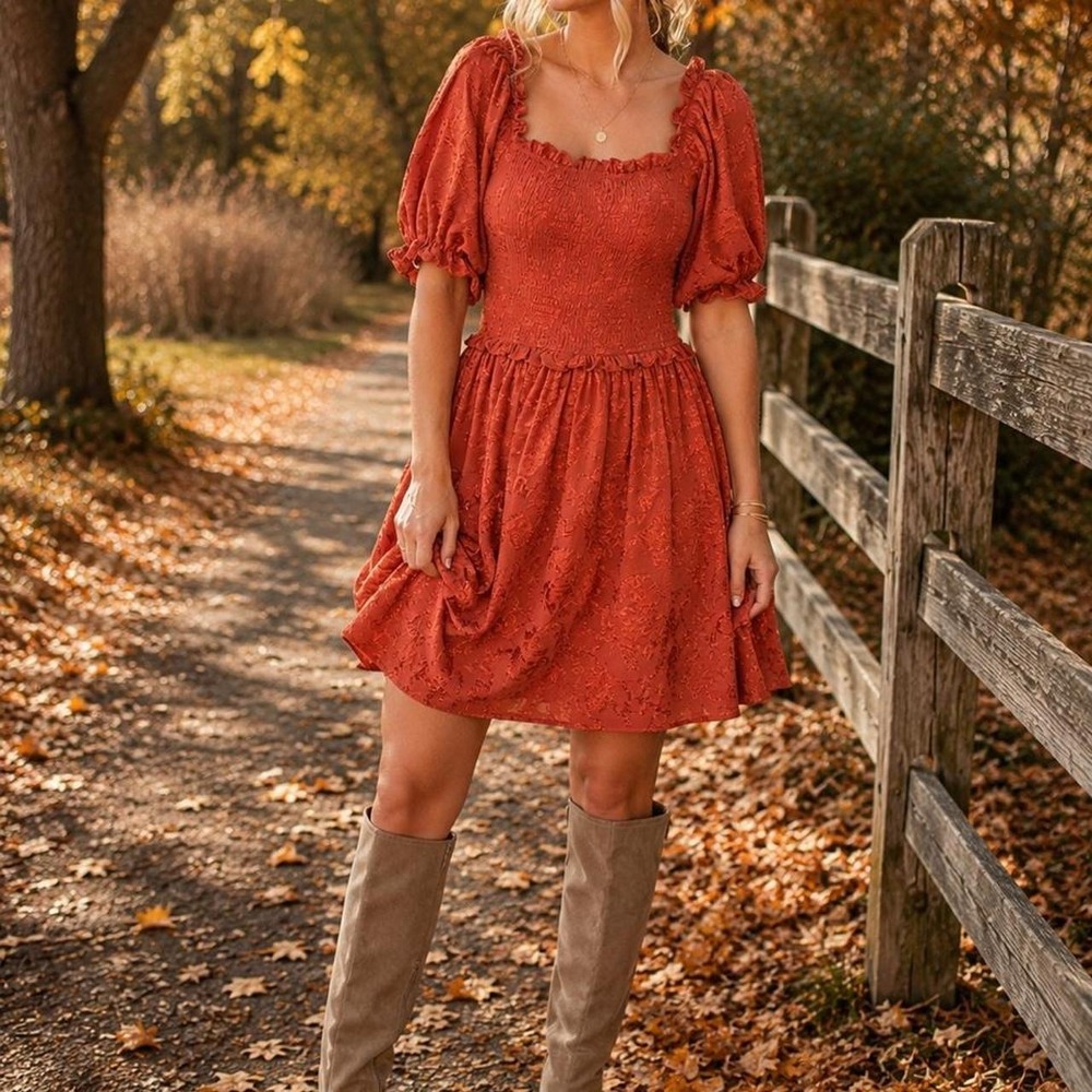 Arula Burnt Orange Floral Smocked Tiered Midi Dress Fall Babydoll Cowgirl